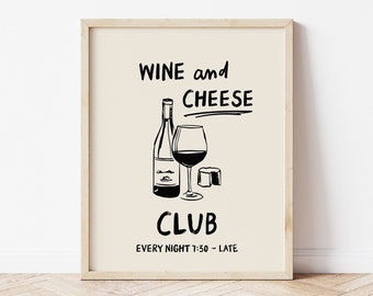 Wine and Cheese Club Print, Modern Kitchen Art (Digital Download)