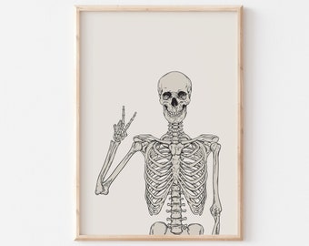 Halloween Skeleton Peace Sign Art Print, Spooky Home Decor (Digital Download)