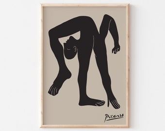 Picasso Art Print, Digital Abstract Figure Poster, Printable Minimalist Acrobat Wall Art, Beige And Black Decor