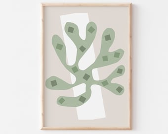 May include: A framed print with a minimalist abstract design of a green leaf with a white background. The leaf is stylized with geometric shapes and a light brown frame.