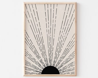 Sunrise Art Print, Boho Sunburst Sunrise Poster, Abstract Black Wall Art, Sunshine Sun Rays Home Decor, UNFRAMED
