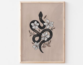 Snake Mystical Printable Poster, Flower Floral Wall Art, Symbolism Esoteric Witch Poster, Beige And Black Home Decor