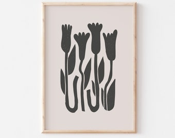 Abstract Tulips Art Print, Beige and Black Botanical Poster, Minimalist Decor