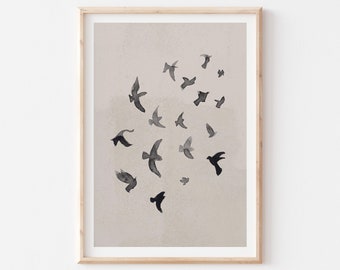 Birds Wall Art, Printable Beige and Black Wall Art, Minimalist Abstract Poster, Digital Download, Flock of Birds Print