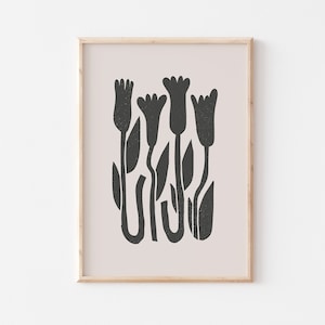 Tulips Art Print, Beige And Black Abstract Wall Art, Botanical Wall Art, Minimalist Poster, Bedroom Flower Decor, UNFRAMED