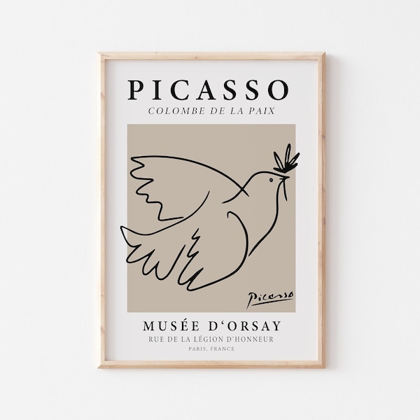 Picasso Poster, Dove Of Peace Art Print, Minimalist Line Drawing In Beige And Black, Vintage Exhibition Art