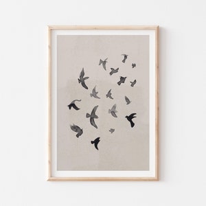 Arte de pared de pájaros, arte de pared beige y negro imprimible, cartel abstracto minimalista, descarga digital, impresión de bandada de pájaros