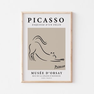 Picasso Art Print, Line Art Cat Poster, Museum Exhibition Poster, Minimalist Abstract Wall Art, Beige and Black