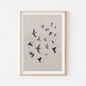 Stampa stormo di uccelli, arte da parete astratta, decorazione da parete minimalista con uccelli, poster beige e nero, SENZA CORNICE