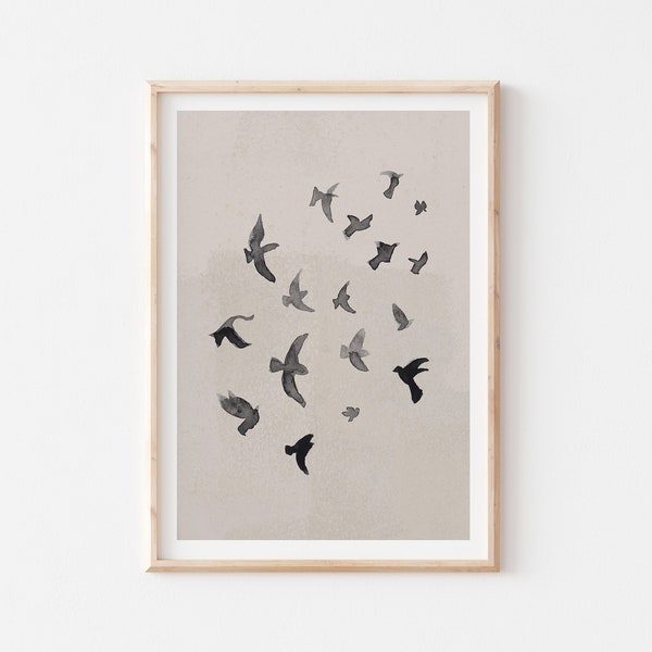 Flock of Birds Print, Abstract Wall Art, Minimalist Bird Wall Decor, Beige and Black Poster, UNFRAMED