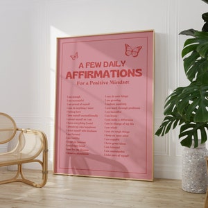 Impresión de pared de afirmaciones, cartel IMPRIMIBLE de afirmaciones diarias positivas, decoración de pared retro, decoración del hogar de estilo vintage, arte de pared rosa