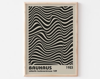 Póster de la exposición Bauhaus, arte mural geométrico beige y negro (descarga digital)