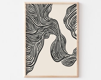 Abstract Art Print, Printable Line Art Poster, Wavy Lines Minimalist Art Print, Ink Line Drawing, Beige And Black Art