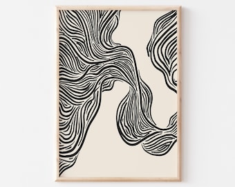 Wavy Line Art Print, Beige and Black Abstract Poster