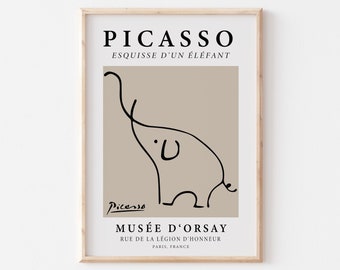 Picasso Art Print, Elephant Minimalist Line Art, Museum Exhibition Poster, Beige And Black Wall Art