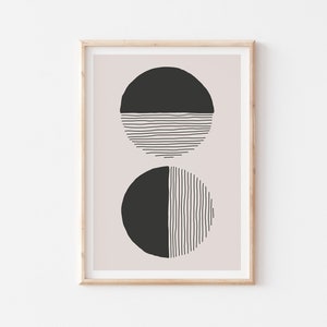 Abstract Poster, Beige and Black Wall Decor, Geometric Circles Home Decor, Line Art Circles, Mid-Century Art, UNFRAMED