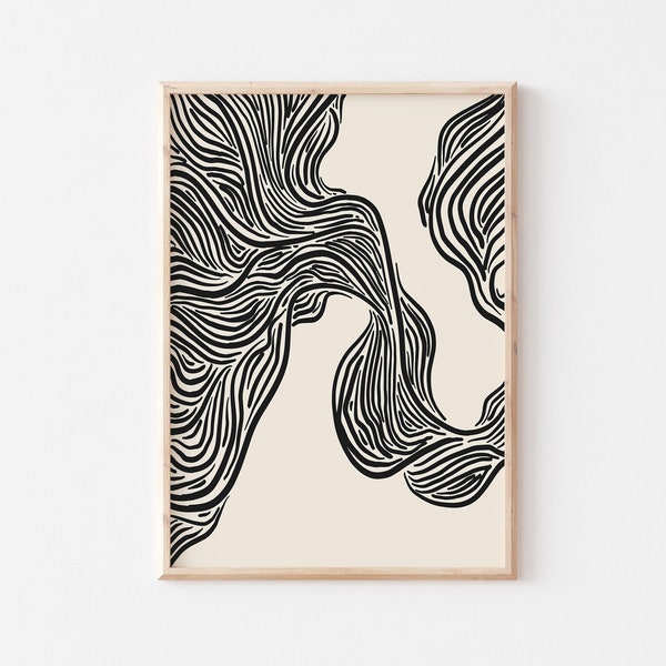 Abstract Art Print, Printable Line Art Poster, Wavy Lines Minimalist Art Print, Ink Line Drawing, Beige And Black Art