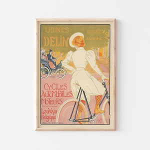 Impresión de arte vintage, cartel publicitario, decoración de pared en colores pastel, arte de pared rosa, impresión de mujer en bicicleta, SIN MARCO