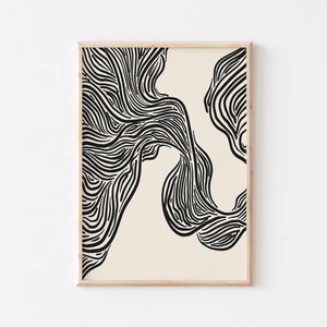 Abstract Art Print, Line Art Poster, Wavy Lines Minimalist Art Print, Ink Line Drawing, Beige And Black Art, UNFRAMED