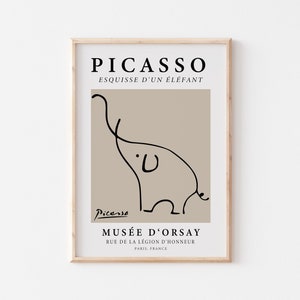 Picasso Kunstdruck, Elefant Minimalistische Linie Kunst, Museumsausstellungsplakat, Beige und Schwarze Wandkunst