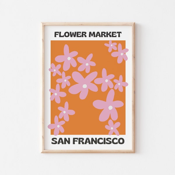 Flower Market Print, San Francisco Poster, Floral Pattern, Vintage Retro Hippie Wall Art, Flower Power, UNFRAMED