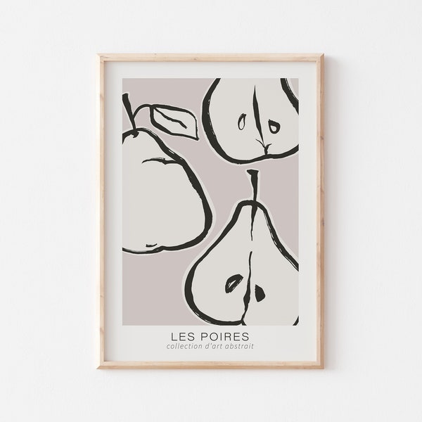 Fruit Art Print, Printable Pears Poster, Minimalist Kitchen Wall Decor, Beige Wall Art, Line Art Drawing