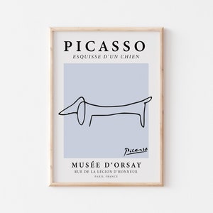 Picasso Art Print, Printable Sky Blue Poster Dachshund Dog Line Art, Vintage Exhibition Poster, Abstract Line Drawing
