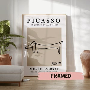 Picasso FRAMED Art Print, Póster Dachshund Dog Line Art, Póster de exposición vintage, Dibujo de línea abstracta minimalista
