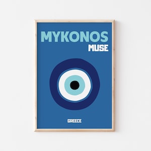 Mykonos Travel Poster, Retro Blue Art Print, Evil Eye Wall Print, Greece Wall Decor, Summer Home Decoration, UNFRAMED