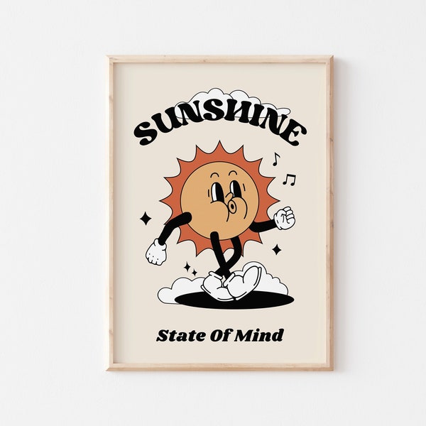 Sun Retro Cartoon PRINTABLE, Vintage Sunshine Mascot Wall Art, Retro Character Poster, Colorful Wall Art, Sunshine State of Mind