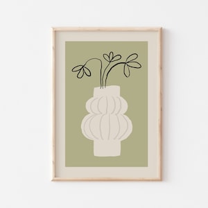 Decoración de pared verde salvia, Póster botánico minimalista imprimible, Arte de pared blanco y verde, Planta y jarrón Lámina artística