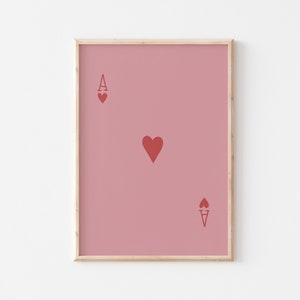 Ace of Hearts ART PRINT, speelkaart poster, roze en rode muur decor, minimalistische retro game room art print, slaapzaal decoratie, INGELIJSTE