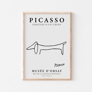Picasso PRINTABLE, Neutral Dachshund Dog Line Art, Vintage Exhibition Poster, Minimalist Abstract Line Drawing, Black and White Print