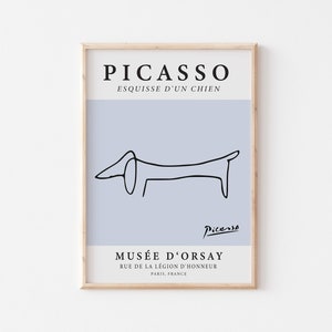 Picasso Art Print, PRINTABLE Poster Dachshund Dog Line Art, Vintage Exhibition Poster, Sky Blue and Black Wall Decor