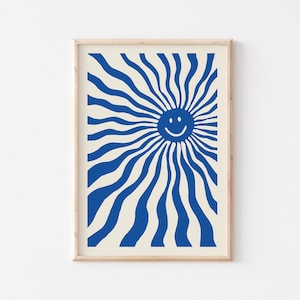 Póster retro de cara sonriente, Impresión de arte Sunshine de los años 70, Decoración de habitación infantil, Decoración del hogar azul y beige, Arte estético positivo, SIN MARCO