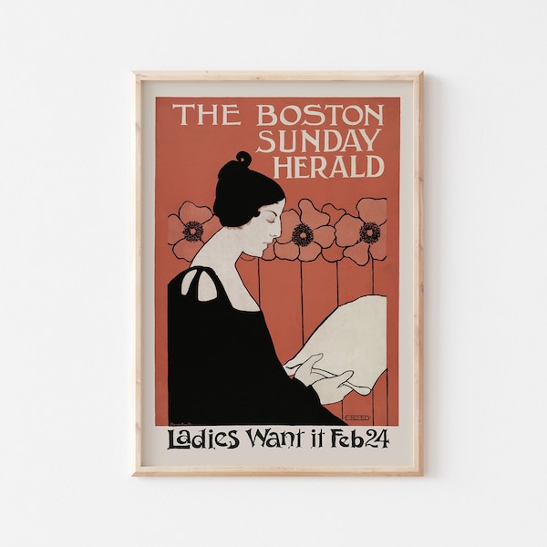 Vintage Poster Print, The Boston Sunday Herald Cover Artwork, Gallery Wall Art, Art Nouveau Printed Poster, Red Wall Art, UNFRAMED