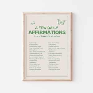 Affirmations Wall Print, Positive Daily Affirmations PRINTABLE Poster, Retro Wall Decor, Vintage Style Home Decor, Green Wall Art