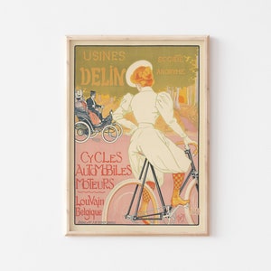 Vintage Art Print, Printable Advertisement Poster, Pastel Wall Decor, Pink Wall Art, Woman on Bicycle Print