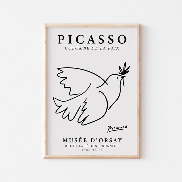 Picasso Poster, Dove Of Peace Art Print, Minimalist Bird Line Drawing, Vintage Exhibition Wall Decor
