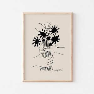Picasso Bouquet of Peace Print, Exhibition Vintage Line Art PRINTABLE Poster, Minimalist Flowers Line Drawing, Black and Beige
