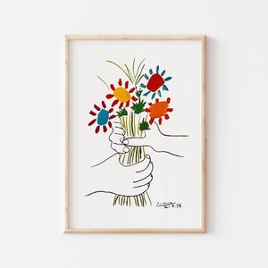 Picasso Bouquet of Peace Print, Ausstellung Vintage Line Art Poster, Minimalistische Blumen Linienzeichnung, UNGERAHMT