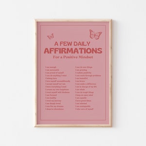 Daily Affirmations Wall Print, Positive Affirmations Poster, Retro Wall Decor, Vintage Style Home Decor, Pink and Red Y2K Decor, UNFRAMED