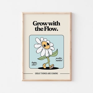 Cartel IMPRIMIBLE de mascota retro, Crecer con el flujo, Arte de pared motivacional de los años 70, Decoración vintage de la oficina en el hogar, Descarga digital