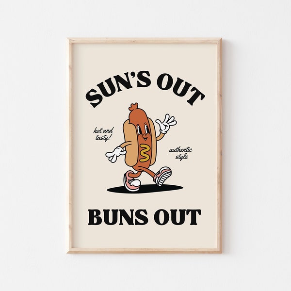 Retro Wall Art PRINTABLE, BBQ Grill Poster, Vintage Kitchen Decor, 70s Hotdog Cartoon Mascot, Vintage Colors Art Print, Summer Quote