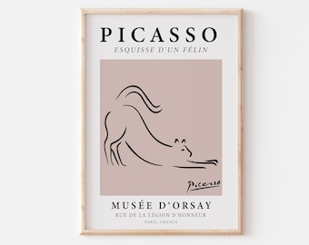 Picasso Cat Line Art Print, Pink Abstract Poster (Digital Download)