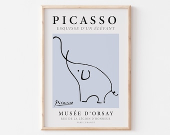 May include: A black and white line drawing of an elephant by Pablo Picasso. The drawing is on a light blue background with the text "PICASSO" and "ESQUISSE D'UN ÉLÉFANT" in black. The text "MUSÉE D'ORSAY" is also in black at the bottom of the image.