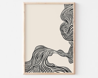 Wavy Lines Art Print, Beige and Black Ink Drawing (Digital Download)