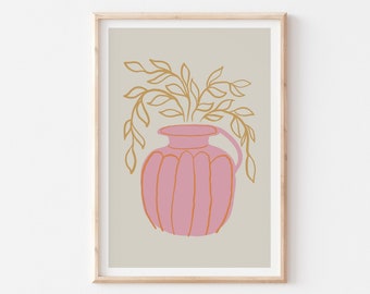 Minimalist Botanical Print, Pink Vase Still Life (Printed Poster)