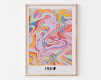 May include: A framed print with a colorful abstract design in shades of pink, yellow, blue, green, and red. The print is titled "Euphoria" and has the text "A feeling of intense excitement and happiness".