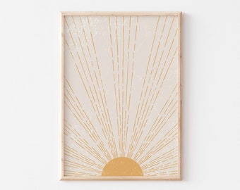 Boho Sunburst Sunrise Art Print, Abstract Beige and Yellow (Digital Download)